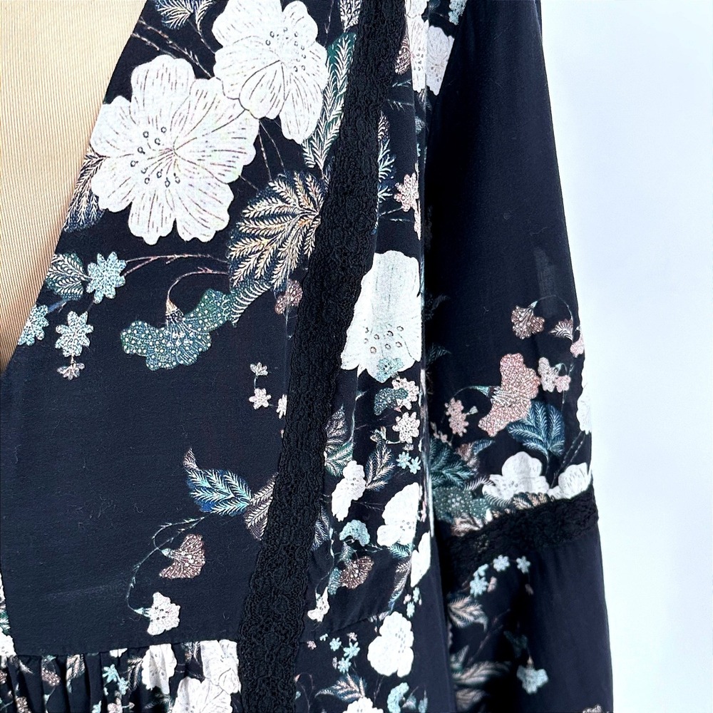 Love Johnny Was Black Floral V-Neck Bell Sleeve Mini Dress XL Boho Over-Size - Picture 5 of 14